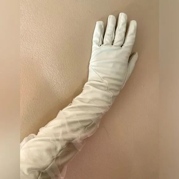 LaMarque Marilyn faux leather tulle gloves bone cream elbow length Revolve